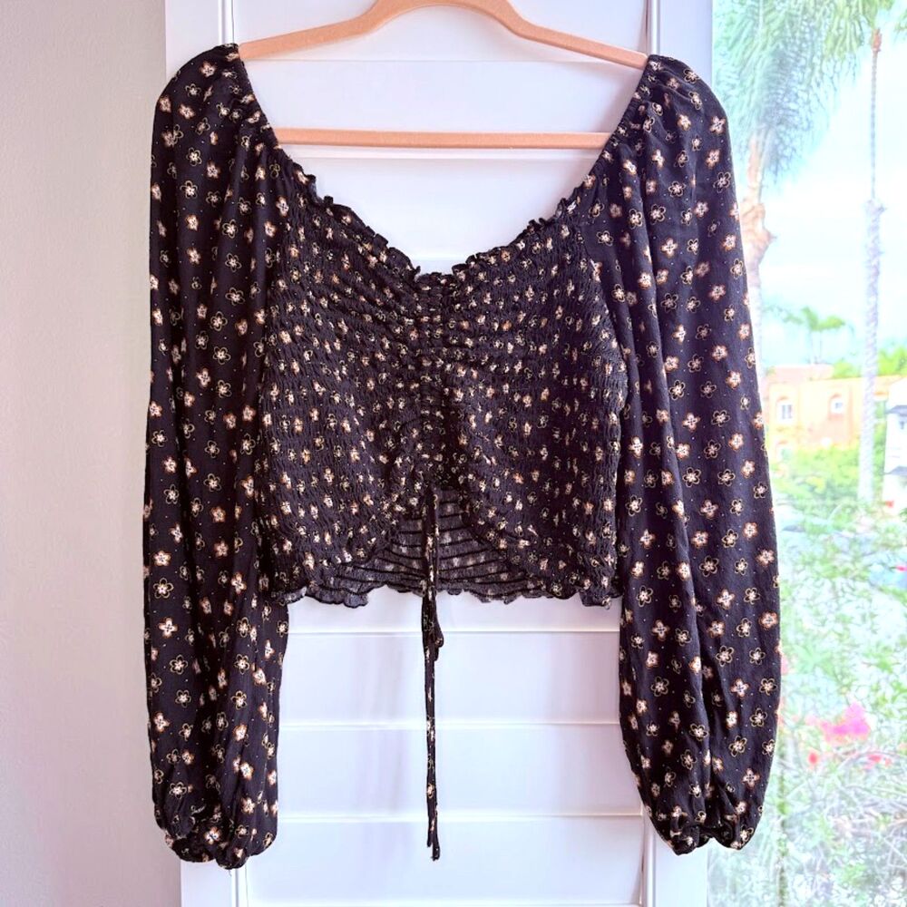 Topshop Milk Maid Smocked Long Sleeve Crop Top in Black & Orange Floral size L